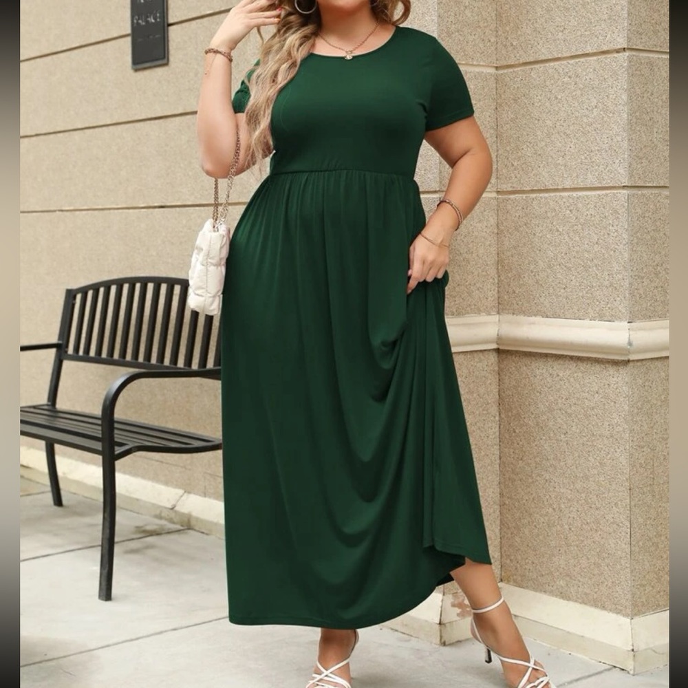 Plus size green comfy high waisted A-line maxi dress - Picture 2 of 16